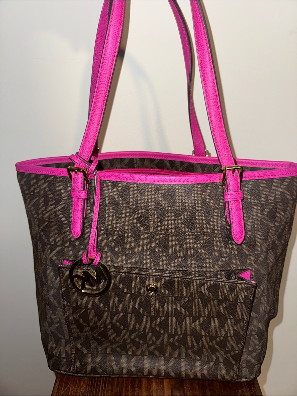 Michael Kors Brown Monogram Tote with Pink Trim